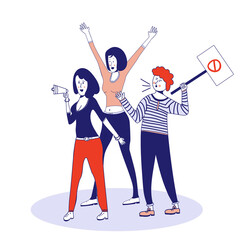 People who picket protest for workers rights. Social activism. illustration, blue line, in cute cartoon style.