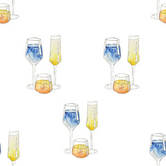 Seamless pattern with summer refreshing drinks. Watercolor image.