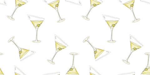 Seamless pattern with watercolor-drawn cocktails.