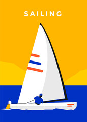 Sailing sports poster design with a sailboat. Regatta sailing race flat vector illustration. - obrazy, fototapety, plakaty