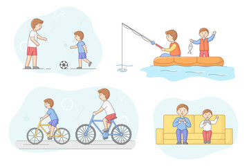 Fatherhood Concept. Father Spend Time With Son. Characters Play Football, Fishing, Ride Bicycle In The Park And Play Video Games With Console. Cartoon Linear Outline Flat Style. Vector Illustration