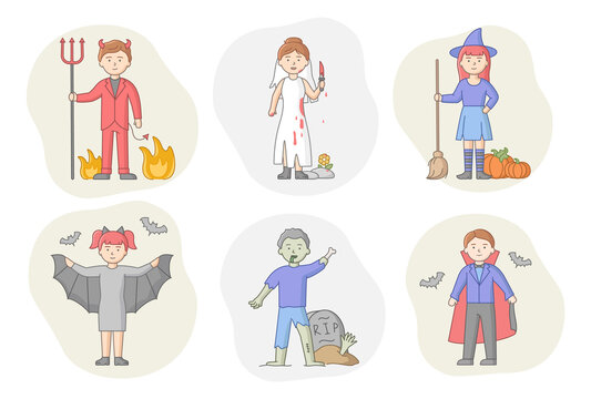 Halloween Party Concept. Group Of People Disguised To Evil Characters, Witches And Vampires Standing In Row Together. People Celebrate Holiday. Cartoon Linear Outline Flat Style. Vector Illustration