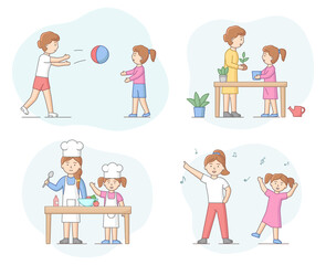 Motherhood Concept. Mother Spending Time With Her Daughter. Characters Play Ball Games, Cooking, Planting Plants, Listening Music And Dancing. Cartoon Linear Outline Flat Style. Vector Illustration