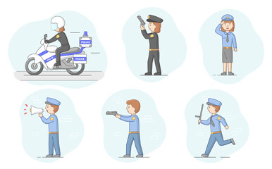 Concept Of Protection Of Population. Set Of Policemen And Policewomen Ready To Protect Order And Apprehending a Criminals. Police Officer On Motorbike. Cartoon Linear Outline Flat Vector Illustration