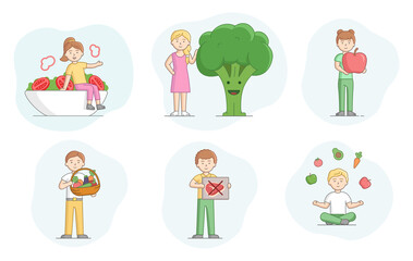 Concept Of Vegetarianism. Set Of Scenes With People Eating Healthy Food. Characters Eat Fruits And Vegetables. People Against Animal Products Eating. Cartoon Linear Outline Flat Vector Illustration