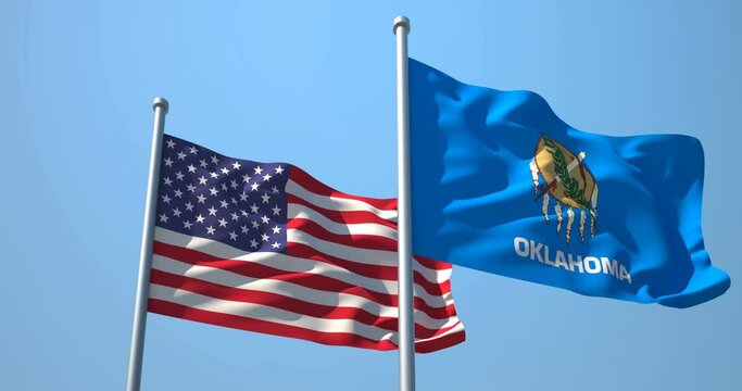 Oklahoma flag and the USA on a flagpole realistic wave on wind not synchronously, solid background. State of Oklahoma in The United States of America. Oklahoma City.