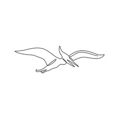 One single line drawing of flying pterodactyl for logo identity. Dino animal mascot concept for prehistoric theme park icon. Modern continuous line graphic draw design vector illustration © Simple Line