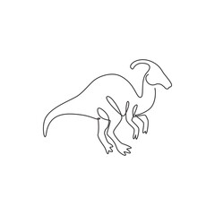 Single continuous line drawing of agile parasaurolophus for logo identity. Prehistoric animal mascot concept for dinosaurs theme amusement park icon. One line draw graphic design vector illustration