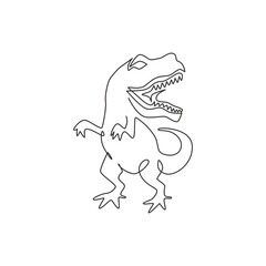 One single line drawing of wild and aggressive t-rex for logo identity. Dino animal mascot concept for prehistoric theme park icon. Trendy continuous line draw graphic design vector illustration