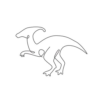 recommend clip art: One single line drawing of aggressive parasaurolophus for logo identity. Dino animal mascot concept for prehistoric theme park icon. Trendy continuous line draw design vector graphic illustration