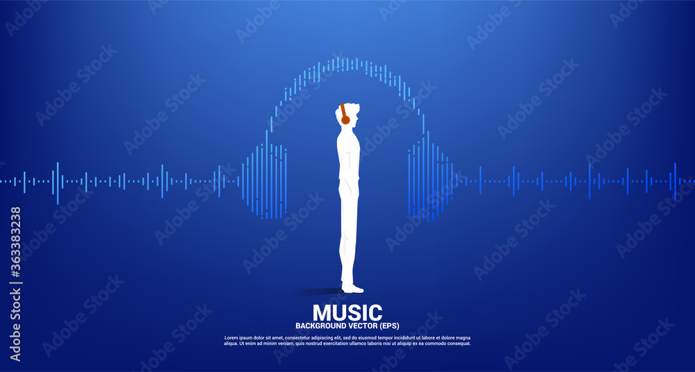 Poster Silhouette of man with headphone and Sound wave Music Equalizer background. audio visual headphone icon with line wave graphic style