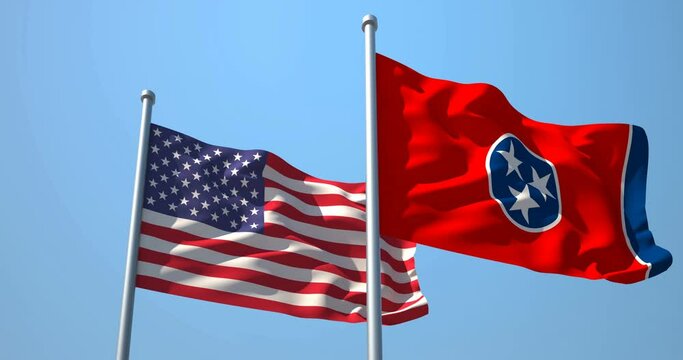 Tennessee flag and the USA on a flagpole realistic wave on wind not synchronously, solid background. State of Tennessee in The United States of America. Nashville.