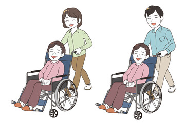 笑顔の高齢女性と介護する家族