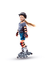 Five year old girl in protective equipment on roller skates