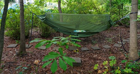 A green camping hammock with bug net used in a backyard