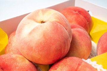 Fresh White Peach in the box on White Background, Peach fruit in packaging ready to export  isolated on white background, 