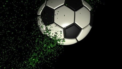 Obraz premium Soccer ball with Green Rotating Particles under spot light Background. 3D sketch design and illustration. 3D high quality rendering.