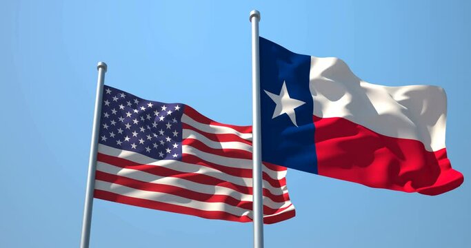 Texas flag and the USA on a flagpole realistic wave on wind not synchronously, solid background. State of Texas in The United States of America. Austin. Houston.