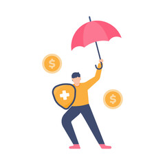 concept of life and health insurance, health protection, health benefits. A man holds a shield and umbrella. flat design. can be used for elements, landing pages, UI.