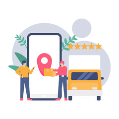 concept of delivery of goods or packages, location tracking or GPS, delivery services. A courier ties the package to the customer. flat design. can be used for elements, landing pages, UI.