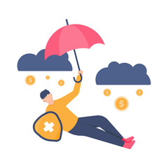 concept of life and health insurance, health protection, health benefits. illustration of people floating while holding umbrellas and shields. flat design. can be used for elements, landing pages, UI.