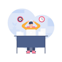 the concept of work overtime, chasing targets and deadlines, hard work. illustration of an employee who is dizzy because the work is still a lot of piling up. flat design. can be used for elements