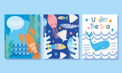 under the sea, wide marine life landscape cartoon lobster whale shell banner cover and brochure