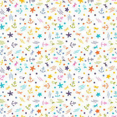 Cute sea summer seamless pattern with fishes, anchors and starfishes. Marine background. Perfect for wrapping paper or textile