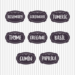Food storage labels. Kitchen food tags collection for kitchen containers or jars. Basil, cumin, paprika, oregano, thyme
