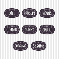 Food storage labels. Kitchen food tags collection for kitchen containers or jars. Curry, ginger, curcuma, dill, chilli