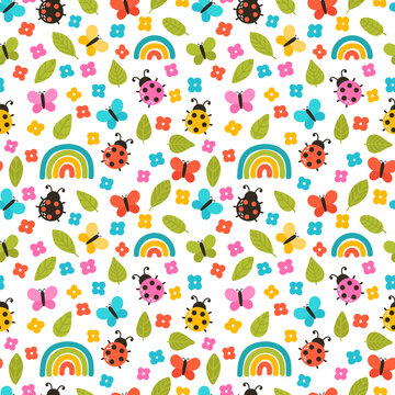 Colorful summer seamless pattern with hand drawn elements. Rainbow, flowers, ladybug. Cute print for fabric, textile, wrapping paper