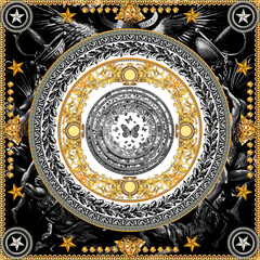 An intricate Baroque pattern intertwines gracefully in a chain, merging seamlessly with the captivating allure of This mesmerizing fusion unfolds against a contrasting backdrop of black and white - obrazy, fototapety, plakaty
