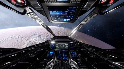 view from the cockpit of a spaceship, cockpit spaceship background, cockpit UFO 3d render