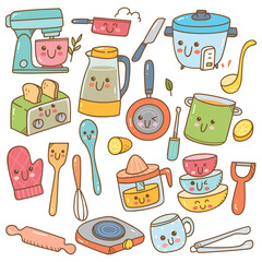 set of kawaii kitchen equipment doodles