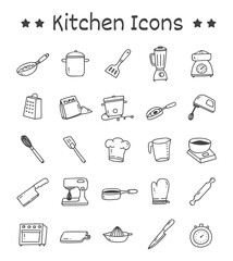 Set of Kitchen Icons in Doodle Style Vector Illustration