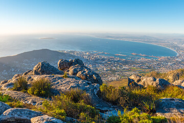 Cityscape and landscape of Cape Town at sunset with the Indian Ocean seen from the Table Mountain National Park, South Africa. © SL-Photography