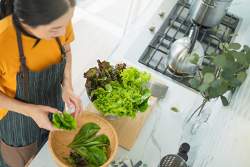 Young asian Woman Cooking in the kitchen. Healthy Food - Vegetable Salad. Diet. Healthy food and Lifestyle. Cooking At Home. Prepare Food.Young woman preparing vegetable salad in her kitchen.