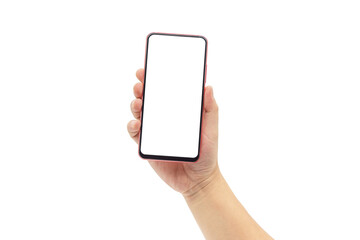 One hand holding blank smartphone isolated on white background