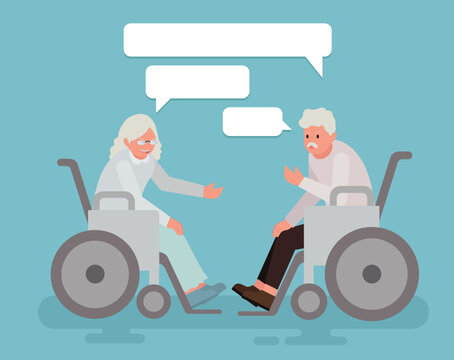 Two old people in a wheelchair talking