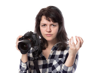 Young female freelance professional photographer or art student or photojournalist on a white...
