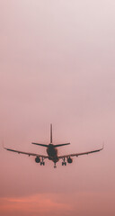 Aereo mentre atterra all'aeroporto El-Prat di Barcellona al tramonto.