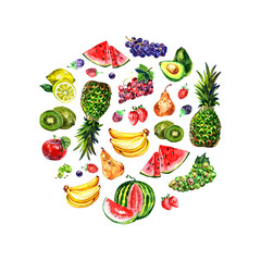 Set of watercolor fruits. Template for your design. Watercolor illustration isolated on white background.