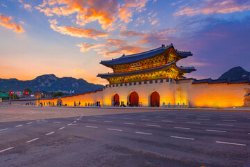 Sunset over Gwanghwamun gate, Seoul, South Korea. ( Sign board text is 