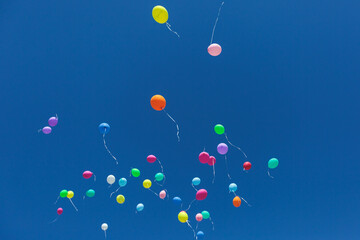 Multicolored flying balloons directed to the blue sky during party celebration
