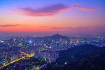 Sunrise of Seoul Downtown cityscape . Aerial view  Seoul Tower and  tower. Viewpoint from Ansan mountain best landmark of Seoul , South Kore