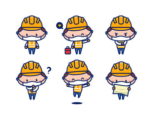 Cute construction worker character mascot with face mask protection from virus