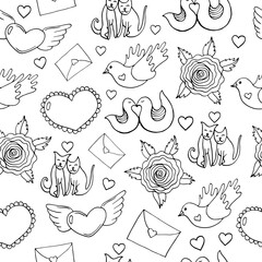 Coloring page pattern for adults. Valentine s Day seamless pattern with hearts, birds, cats, roses and letters. Doodle cartoon background. Vector illustration