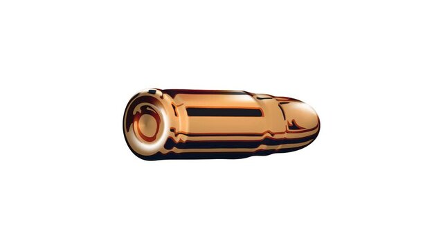 Rotating 3d golden or brass pistol cartridge on a transparent background. Cartoon visualization chroma Key video from Isolated realistic gold handgun ammunition. PNG Alpha Channels Quicktime MOV.