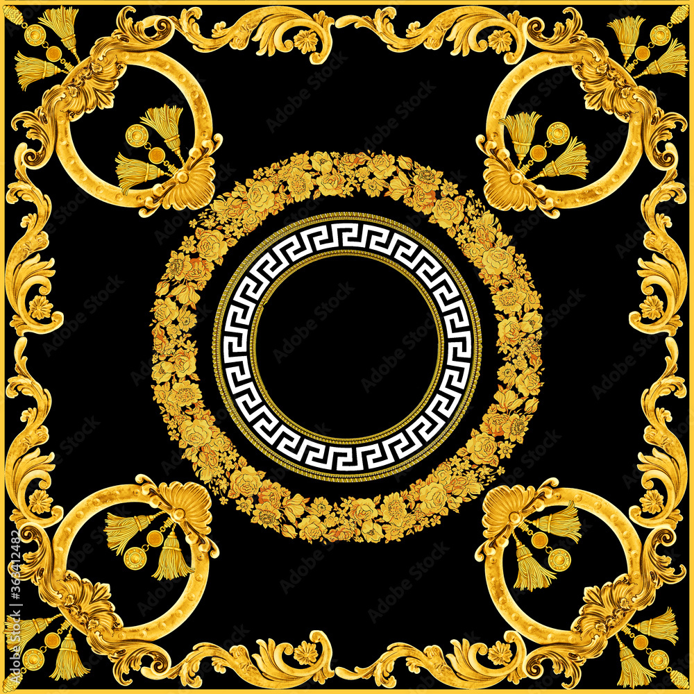 Wall mural gold baroque black white background trendy scarf design