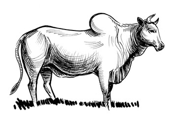 Asian cow. Ink black and white drawing
